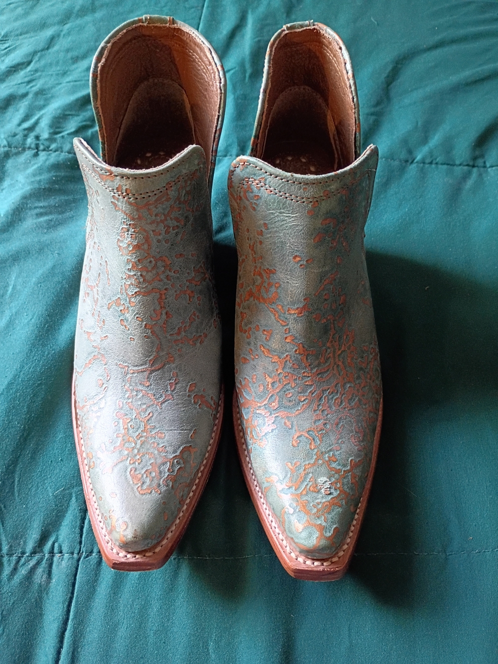 Ariat Teal and Brown Embossed Leather Ankle Booties 7.5